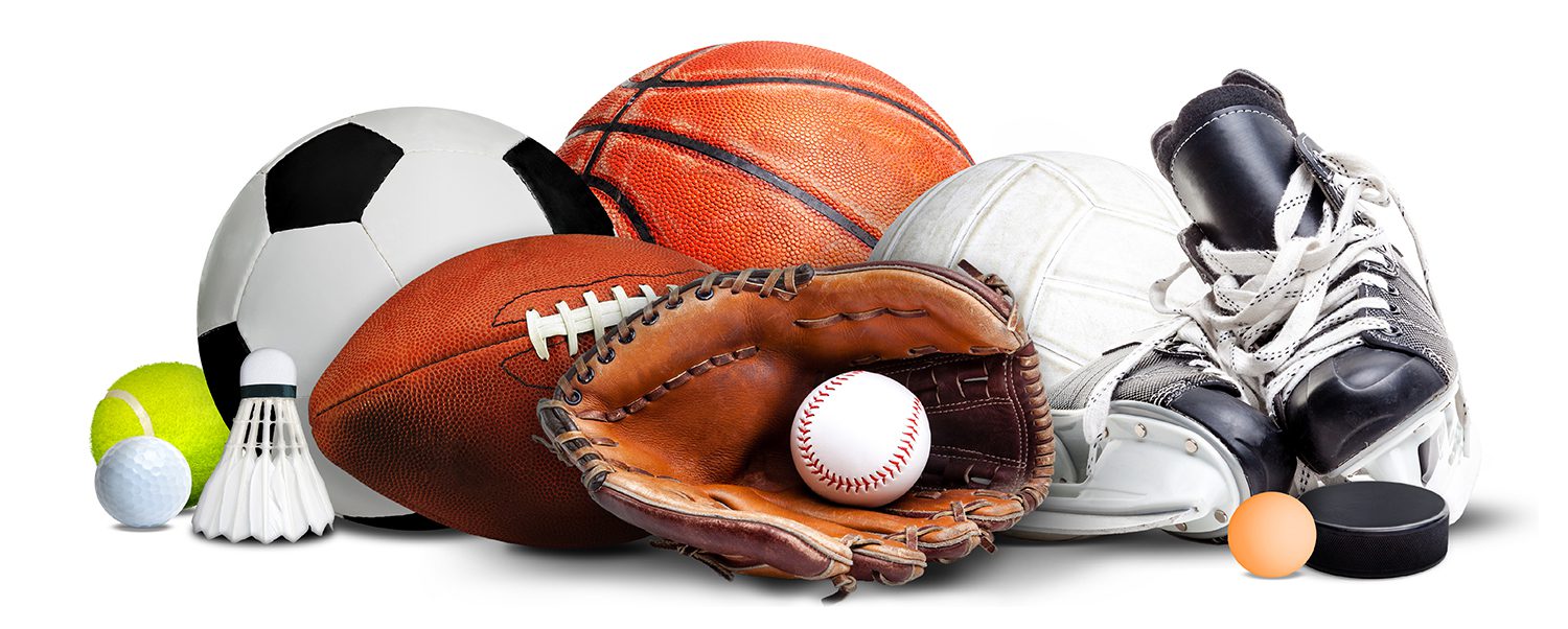 Sports equipment for various sports including baseball, soccer, football, volleyball and basketball